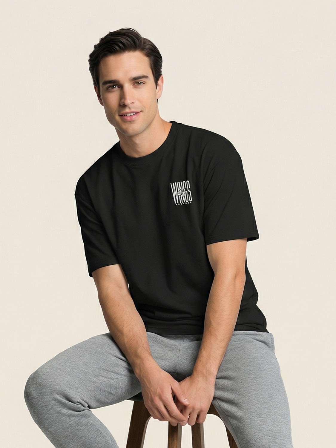Image of NOBERO Men Printed Round Neck Cotton Blend Black T-Shirt