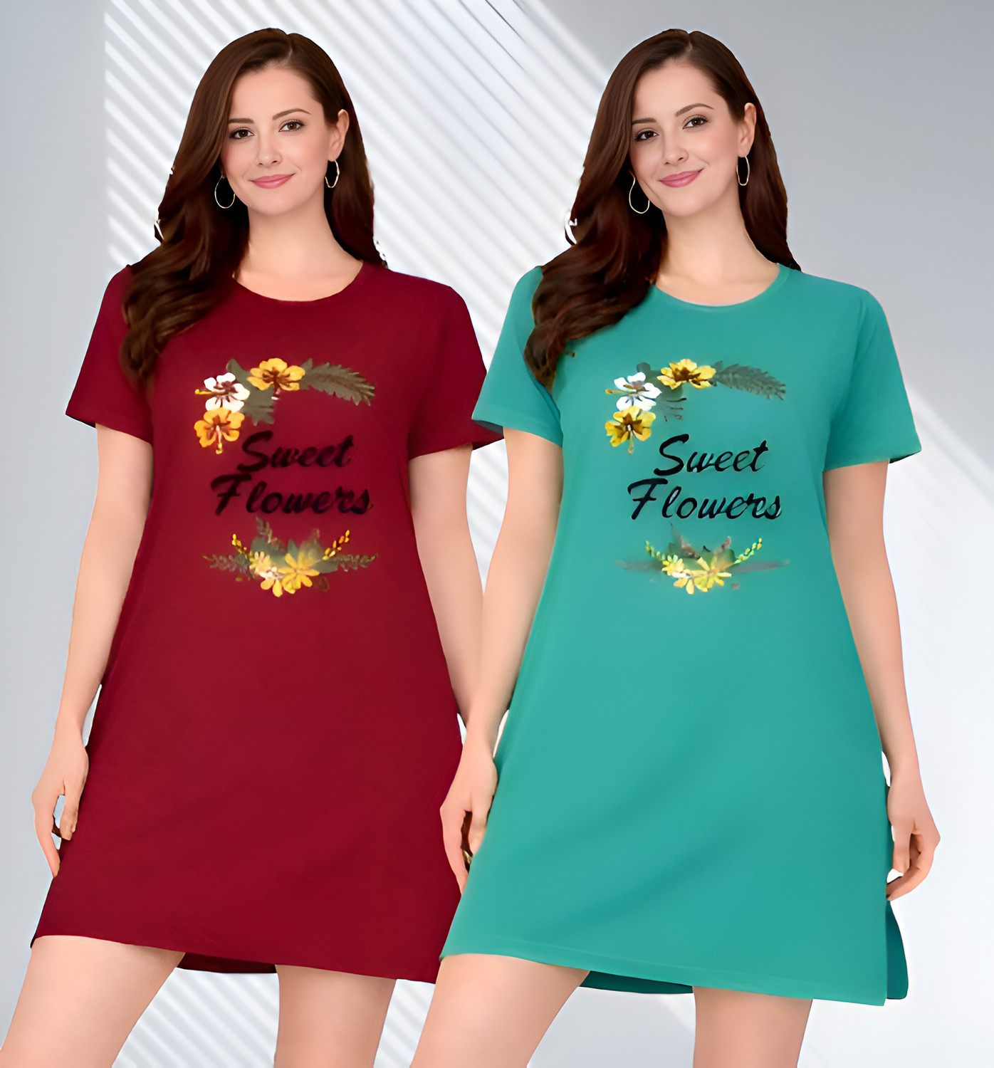 Image of URBE-URBAN EVOLUTION Pack of 2 Women Printed Round Neck Cotton Blend Green T-Shirt
