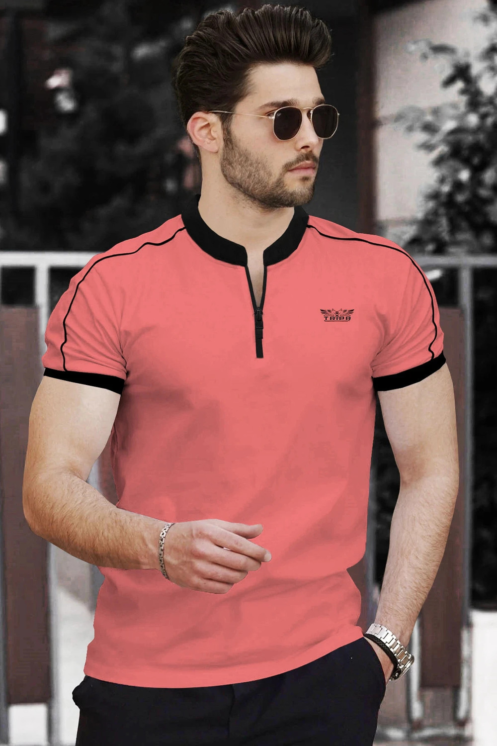 Image of TRIPR Men Solid Mandarin Collar Cotton Blend Pink, Black T-Shirt