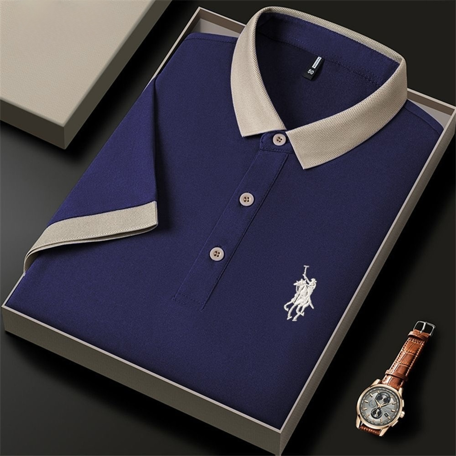 Kesar Navy Blue Polo Neck T-Shirt - Image 5