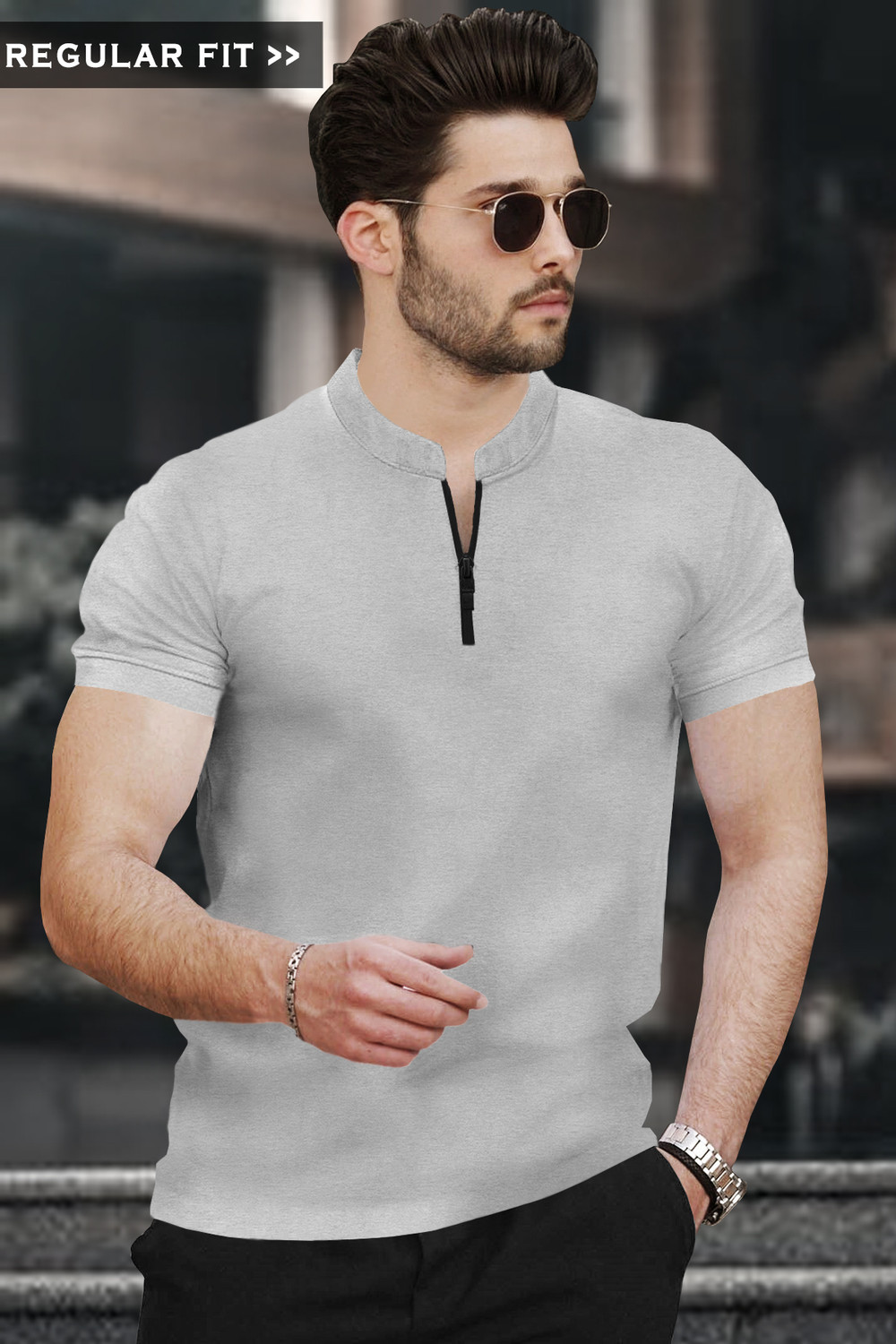Image of TRIPR Men Solid Mandarin Collar Cotton Blend Grey T-Shirt