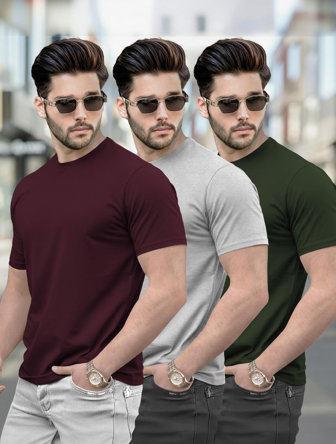 Image of TRIPR Men Solid Mandarin Collar Cotton Blend Green T-Shirt
