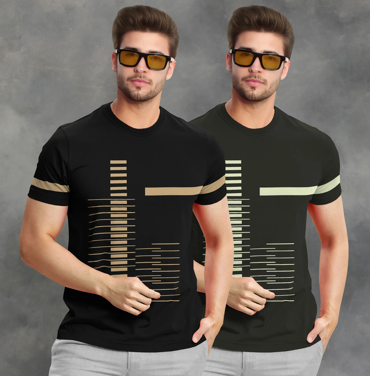 Image of Jump Cuts Men Printed Polo Neck Cotton Blend Beige T-Shirt