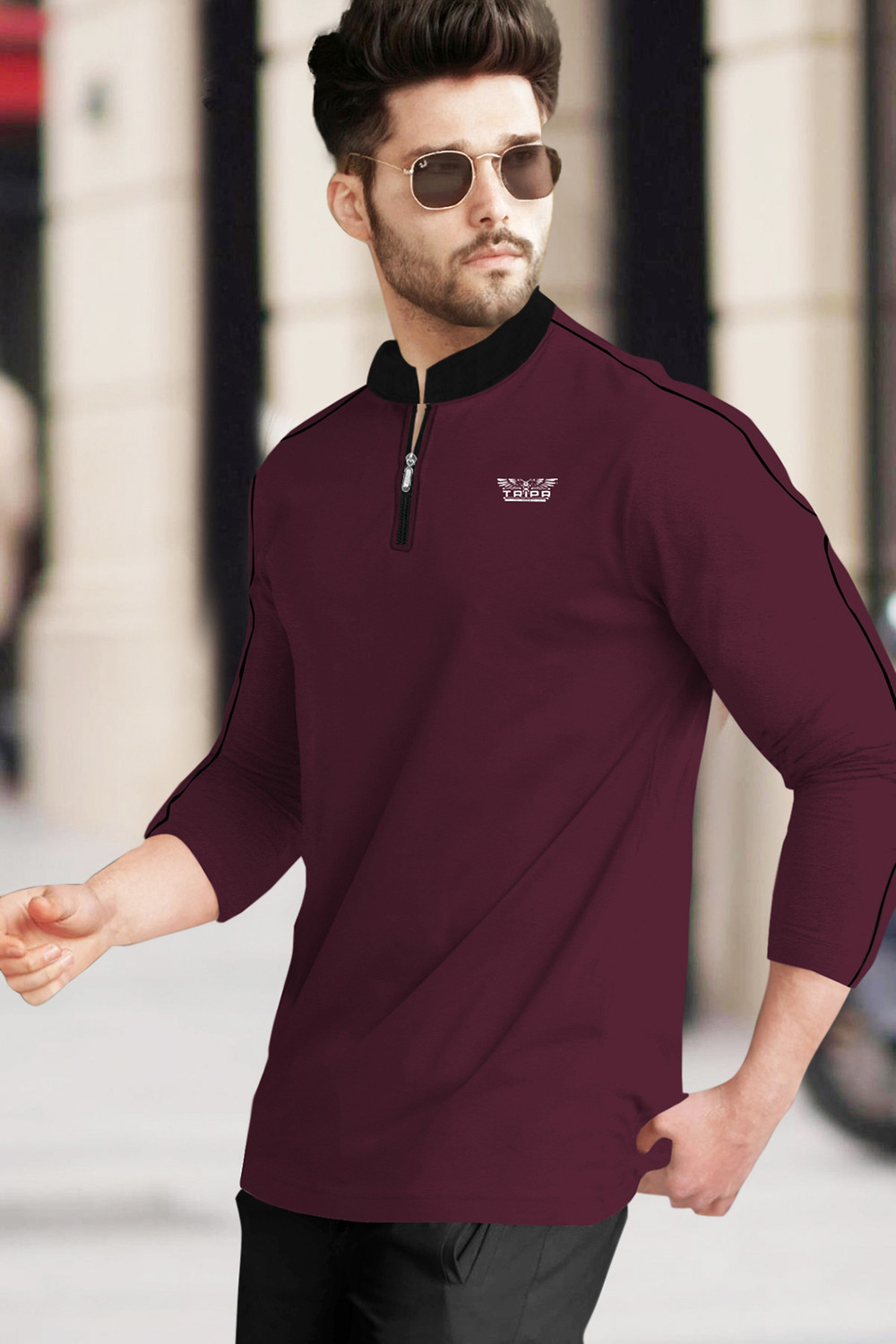 Image of TRIPR Men Solid Mandarin Collar Cotton Blend Maroon, Black T-Shirt