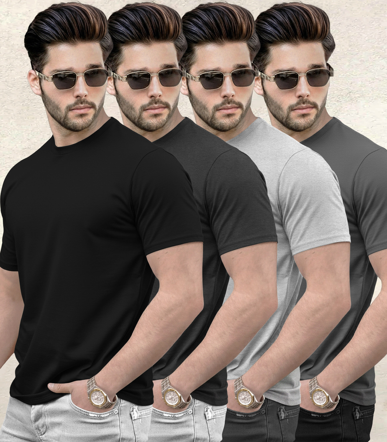 Image of TRIPR Men Solid Mandarin Collar Cotton Blend Dark Green T-Shirt