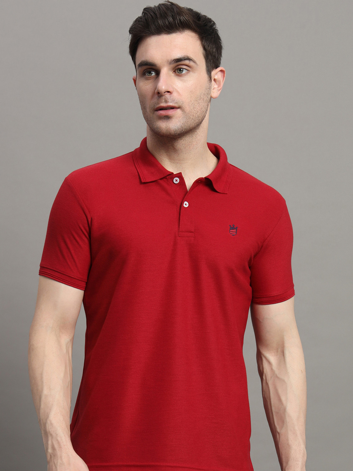 Image of RARHANPREMIUM Men Solid Polo Neck Cotton Blend Blue T-Shirt