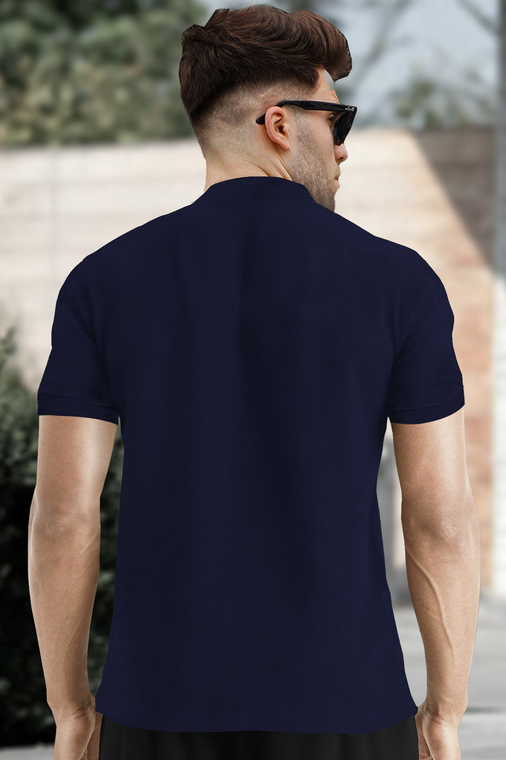 Image of TRIPR Men Solid Mandarin Collar Cotton Blend Navy Blue T-Shirt