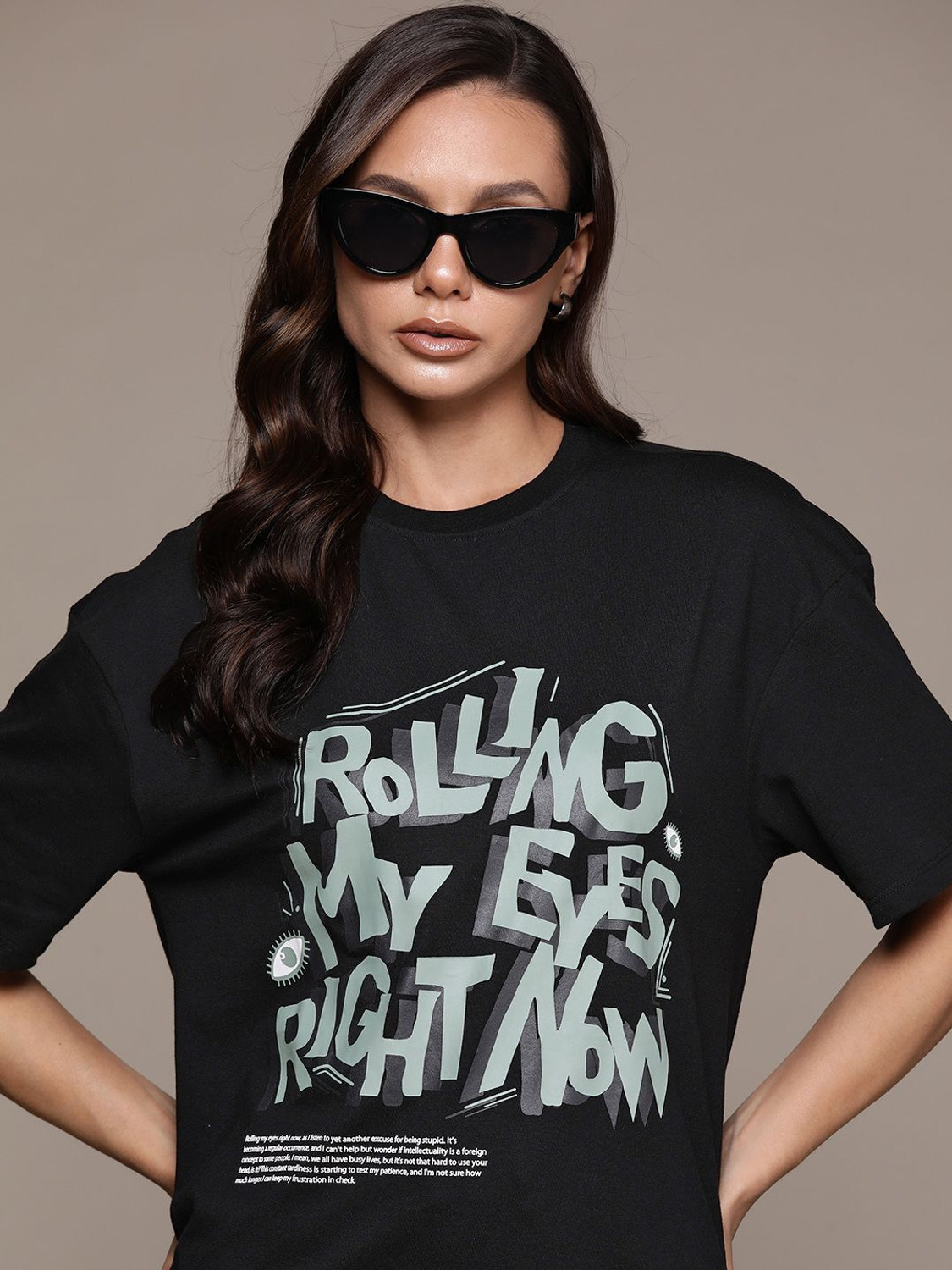 Image of Roadster Women Printed Round Neck Pure Cotton Black T-Shirt