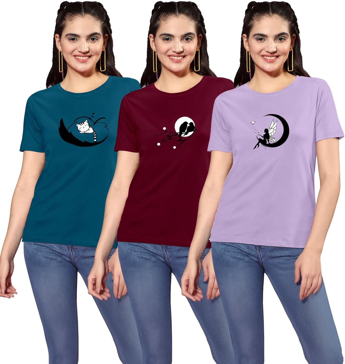 Image of ZentWorld Pack of 3 Women Printed Round Neck Cotton Blend Multicolor T-Shirt