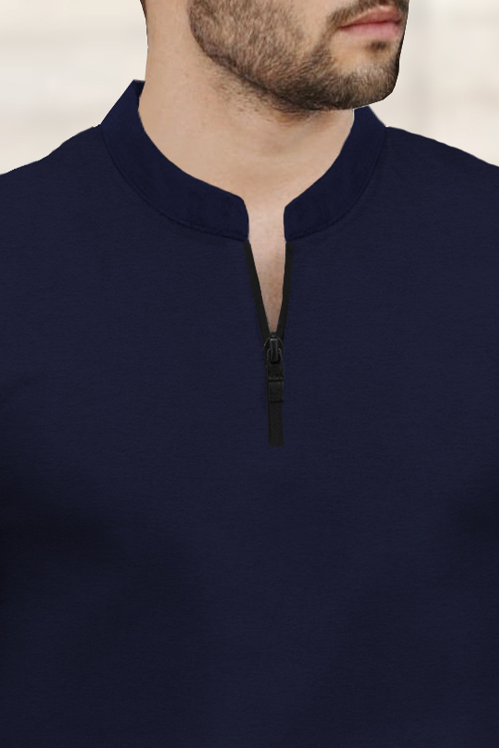 Image of TRIPR Men Solid Mandarin Collar Cotton Blend Navy Blue T-Shirt