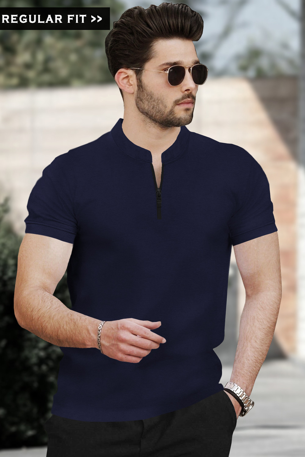 Image of TRIPR Men Solid Mandarin Collar Cotton Blend Navy Blue T-Shirt