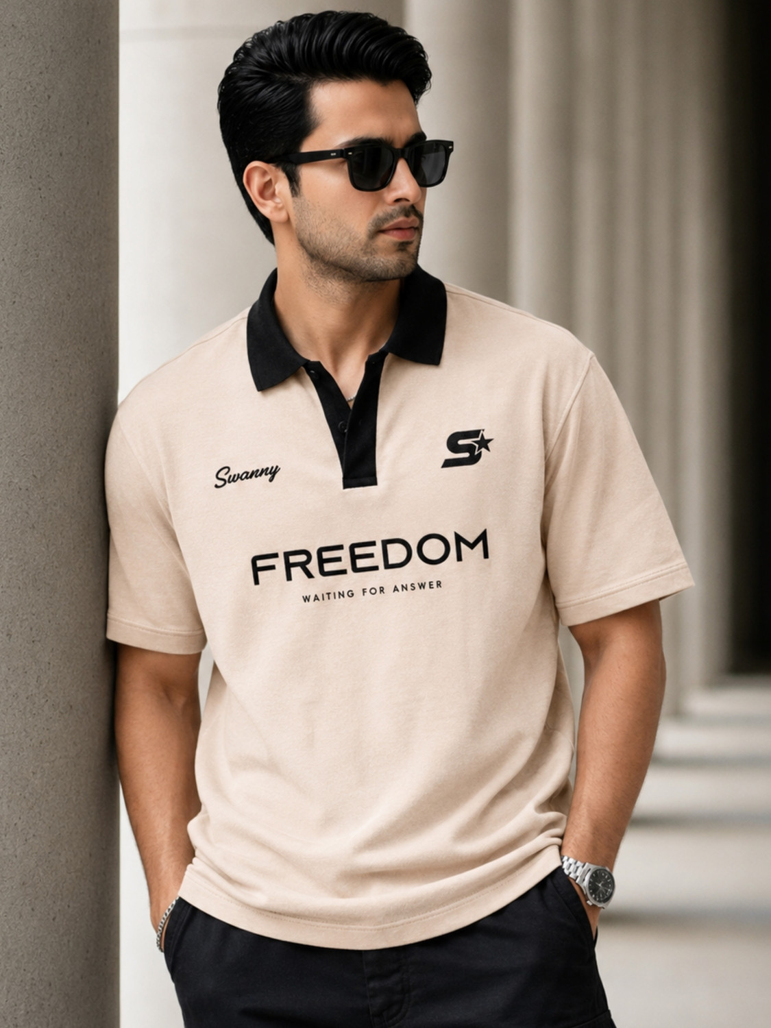 Image of Jump Cuts Men Printed Polo Neck Cotton Blend Beige T-Shirt