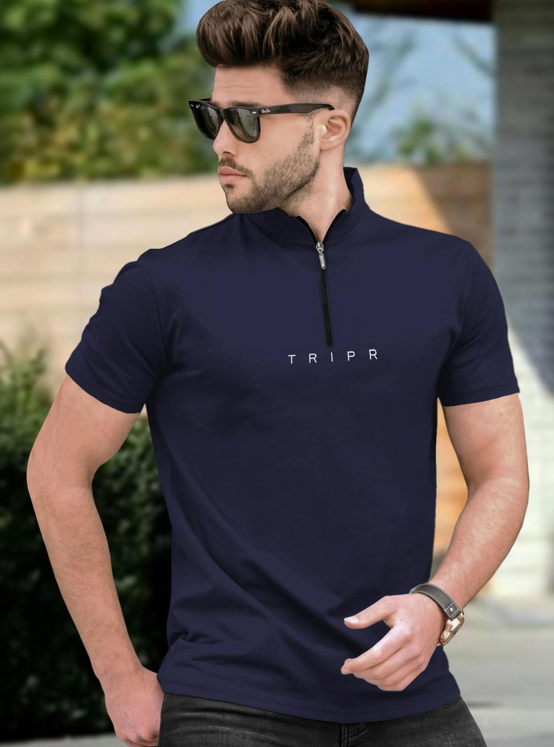 Image of TRIPR Men Solid Mandarin Collar Cotton Blend Green T-Shirt