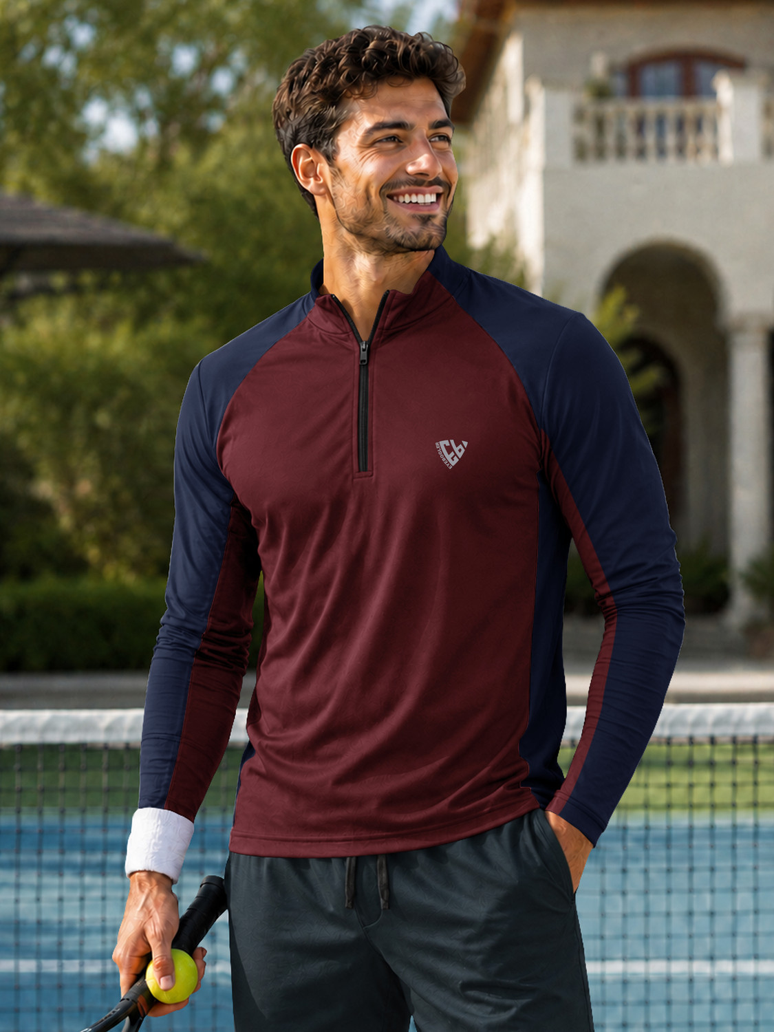 Image of TRIPR Men Solid Mandarin Collar Cotton Blend Maroon T-Shirt