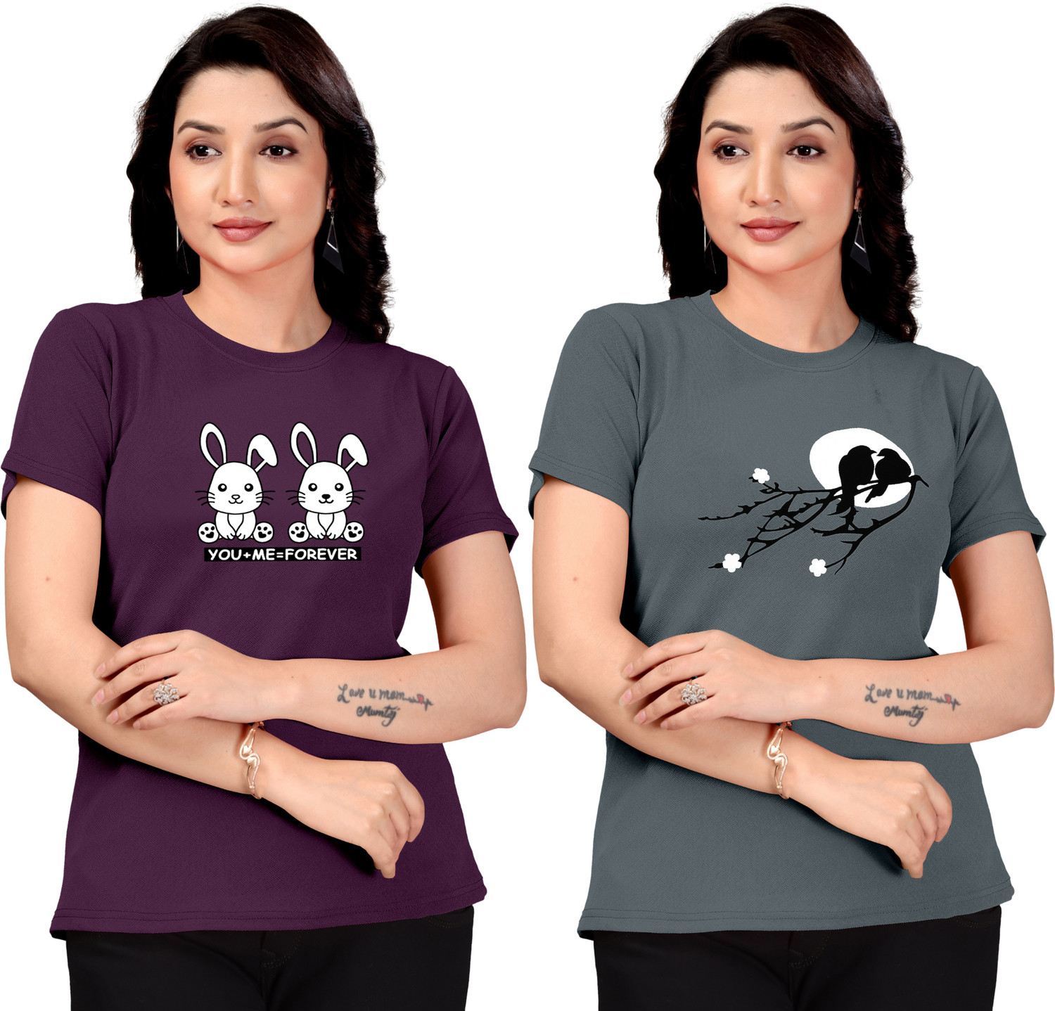 Image of ZentWorld Pack of 3 Women Printed Round Neck Cotton Blend Multicolor T-Shirt