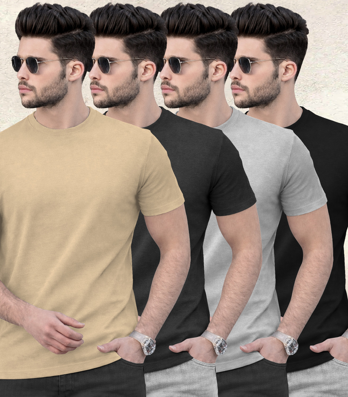Image of TRIPR Men Solid Mandarin Collar Cotton Blend Dark Green T-Shirt