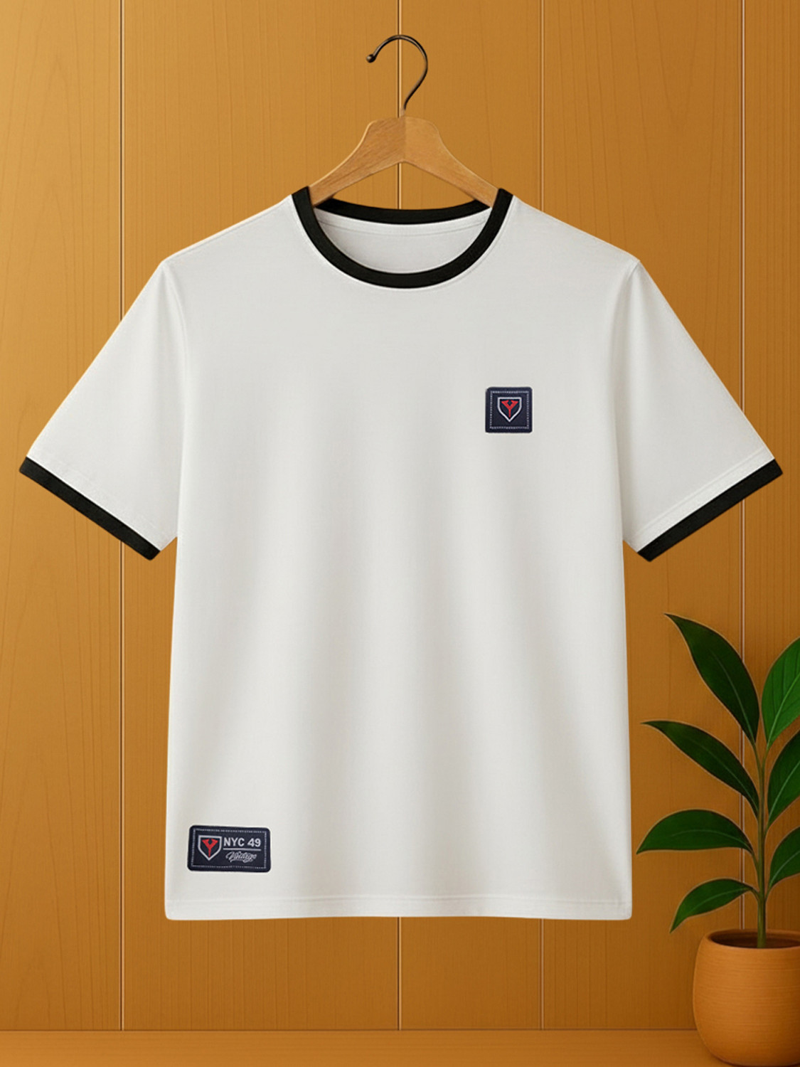Image of TRIPR Men Solid Mandarin Collar Cotton Blend Navy Blue T-Shirt