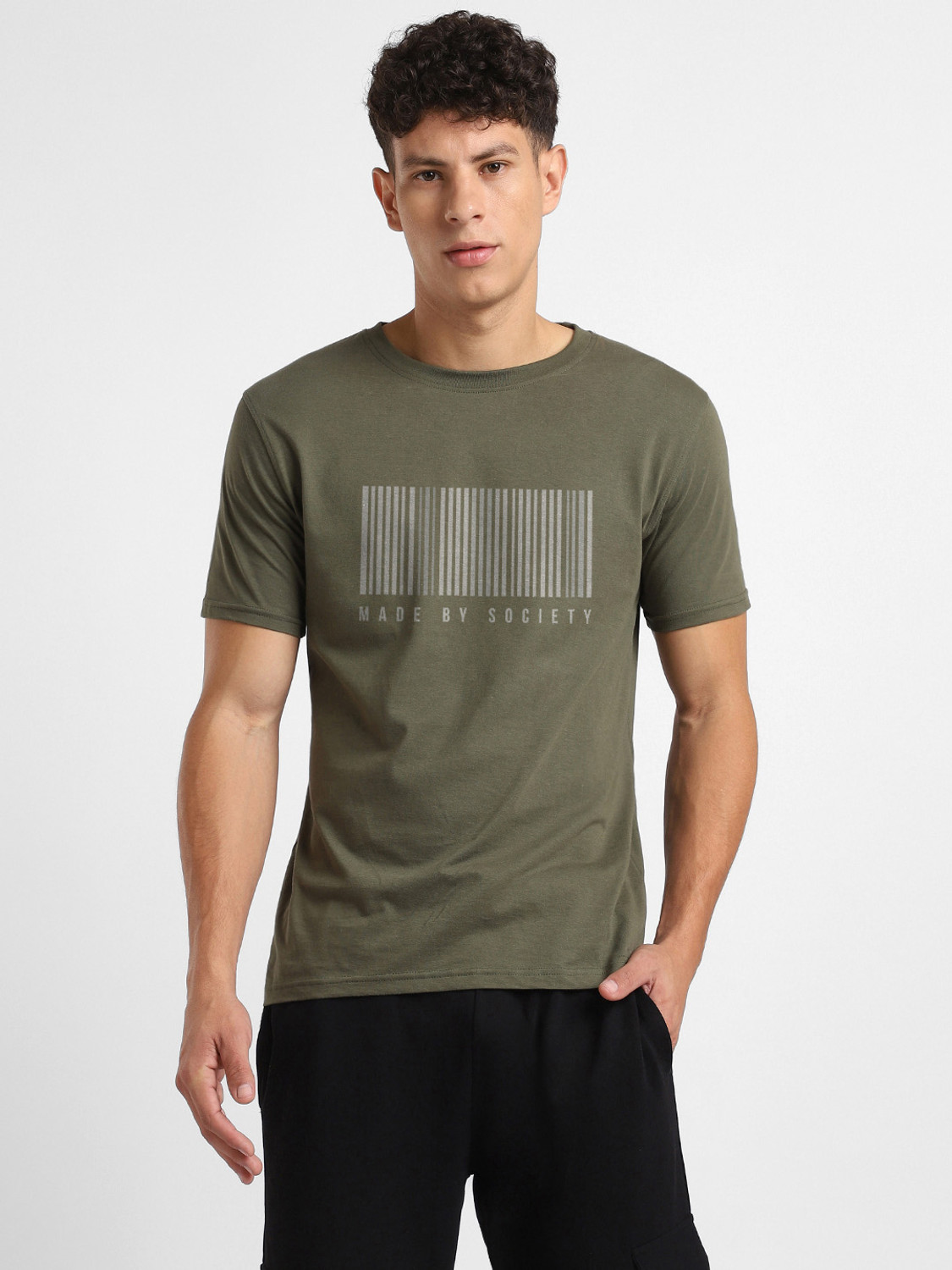 Image of NOBERO Men Printed Round Neck Cotton Blend Black T-Shirt