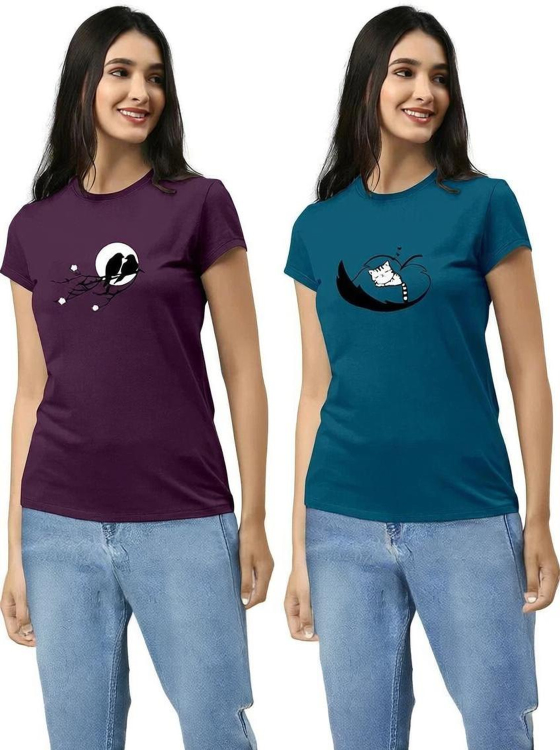 Image of Attirea Women Graphic Print Round Neck Polyester Pink T-Shirt