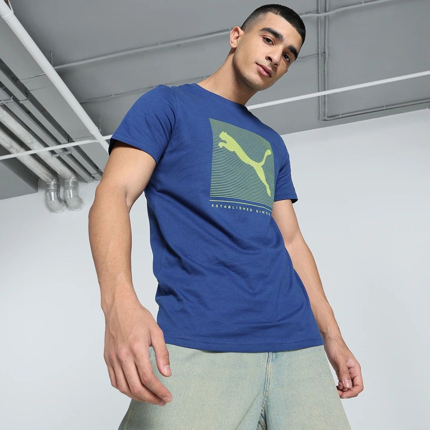 Image of PUMA Men Solid Crew Neck Cotton Blend Green T-Shirt