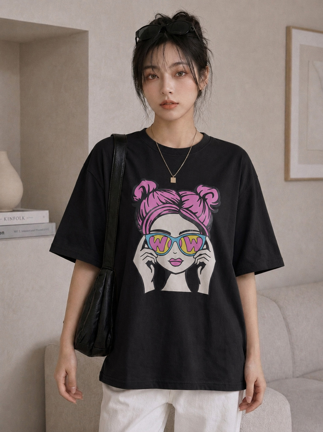 Image of DreamBe Women Printed Round Neck Cotton Blend Multicolor T-Shirt