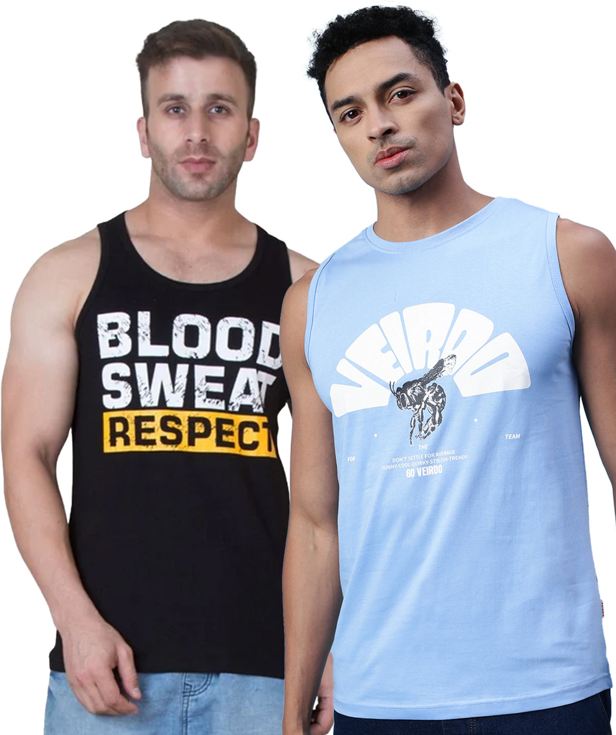 Image of Veirdo Pack of 2 Men Graphic Print Round Neck Pure Cotton Blue T-Shirt