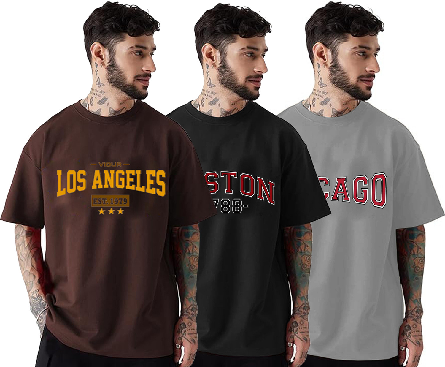 Image of Veirdo Pack of 3 Oversized Men Solid Round Neck Pure Cotton Multicolor T-Shirt