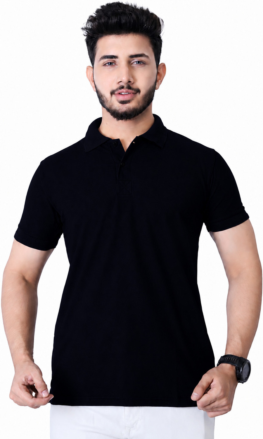 Image of Styloketh Men Solid Round Neck Polyester Light Blue, Black T-Shirt