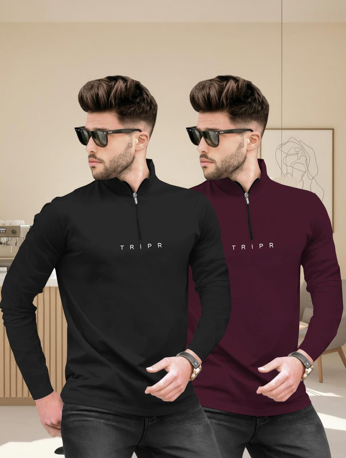 Image of TRIPR Men Solid Mandarin Collar Cotton Blend Green T-Shirt