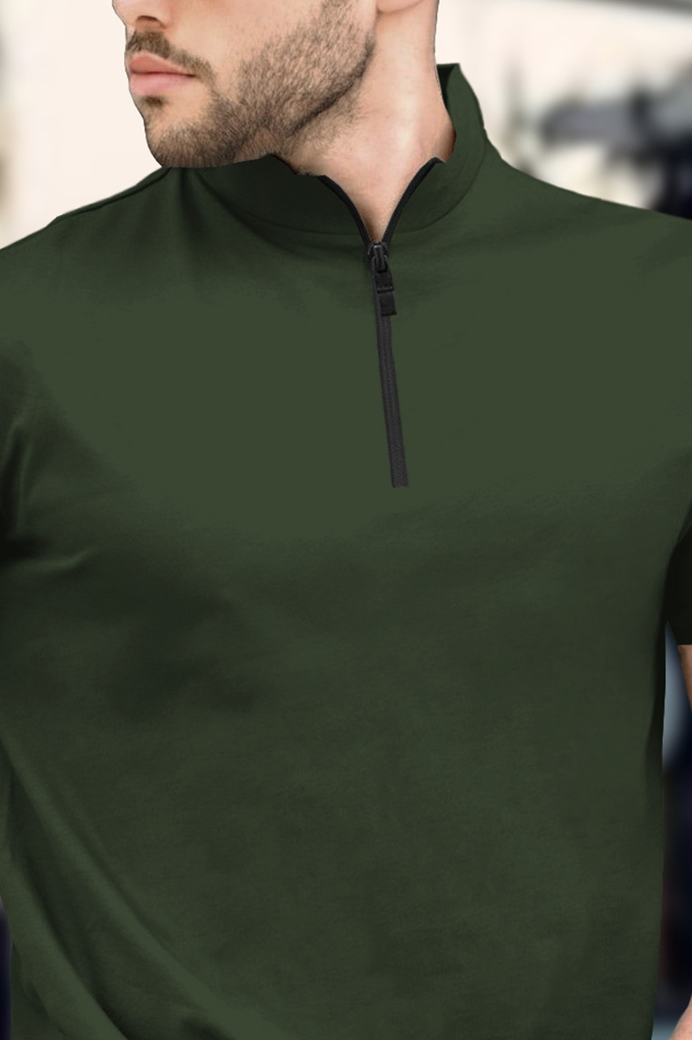 Image of TRIPR Men Solid Mandarin Collar Cotton Blend Dark Green T-Shirt
