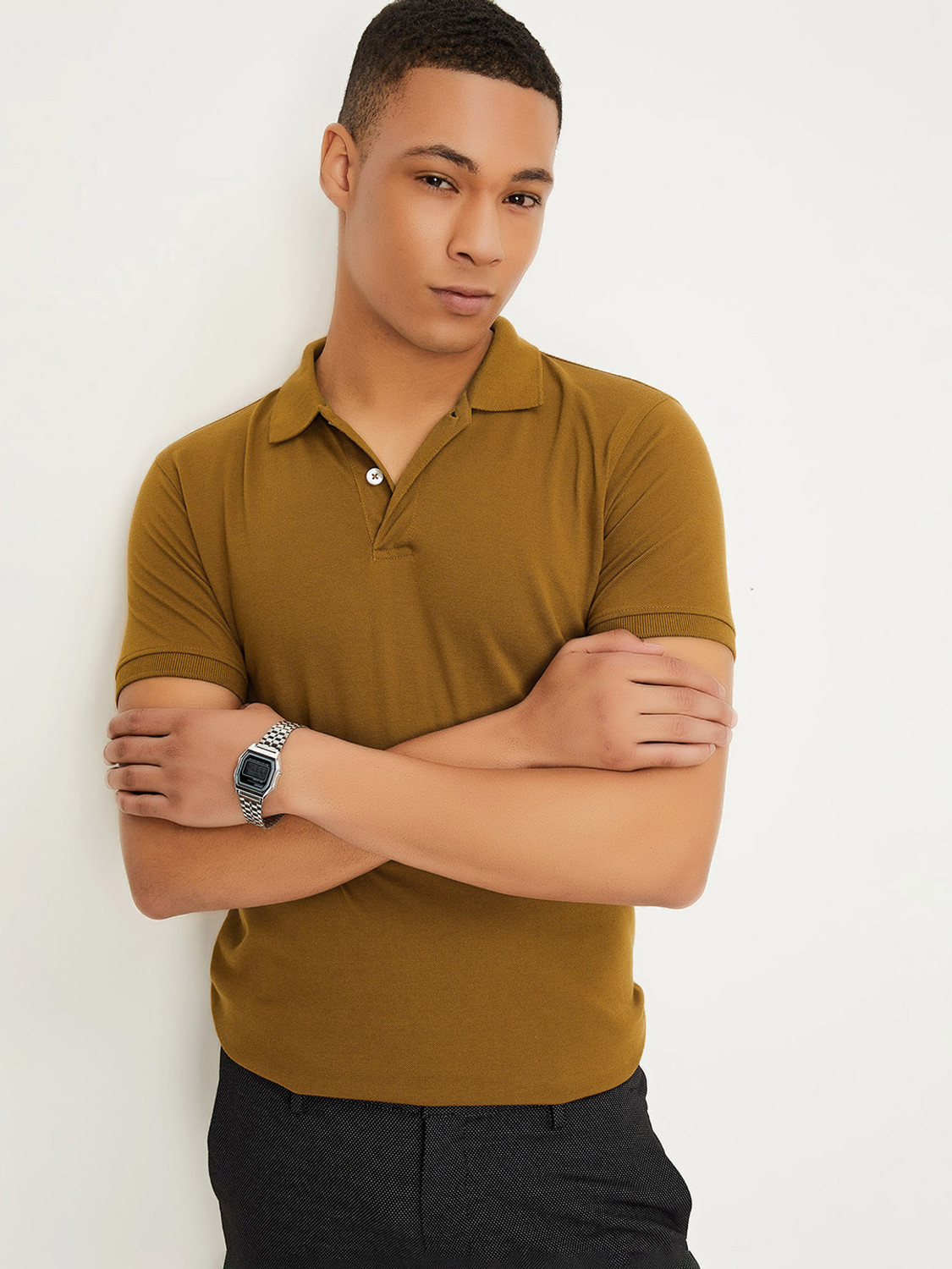 Image of Gildan Men Solid Round Neck Pure Cotton Gold T-Shirt