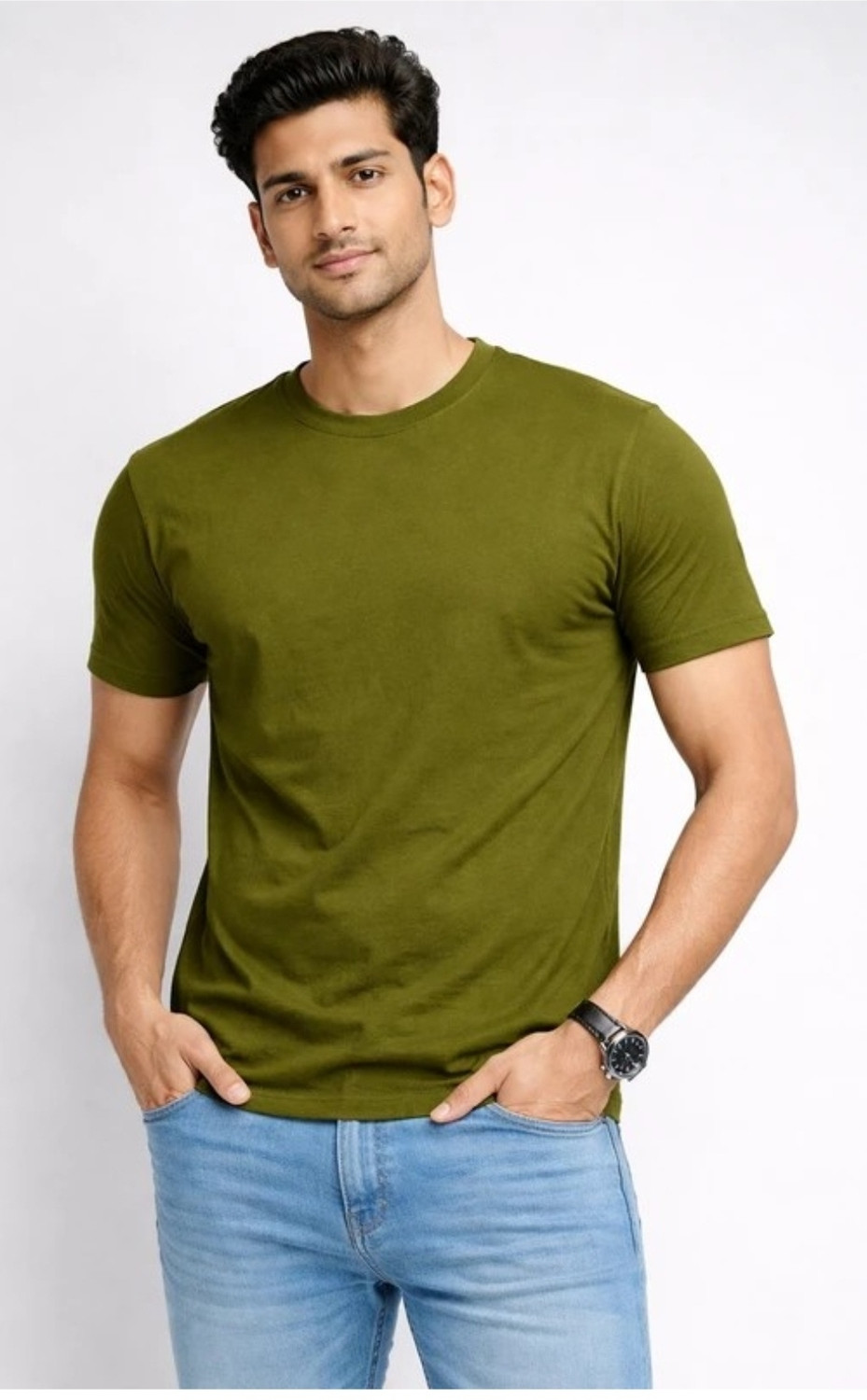 Image of AJNESH COLLECTION Men Solid Round Neck Cotton Blend Dark Green T-Shirt