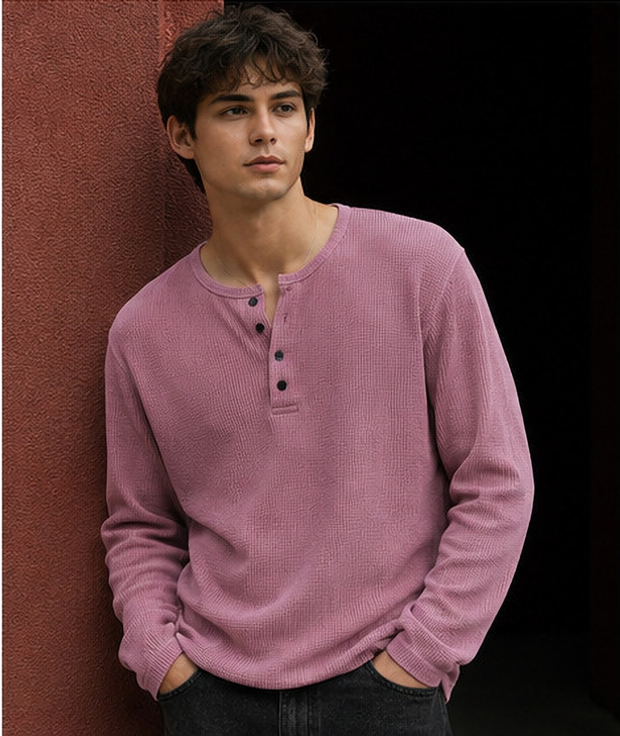 Image of NOOK Men Self Design Henley Neck Cotton Blend Pink T-Shirt