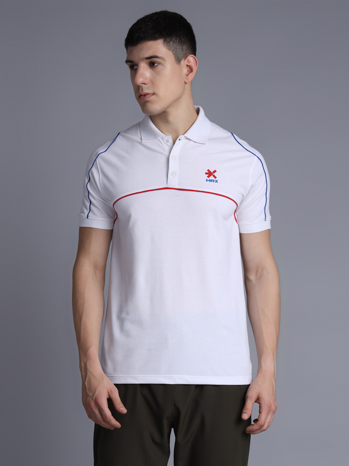 Image of HRX by Hrithik Roshan Men Solid Polo Neck Cotton Blend White T-Shirt