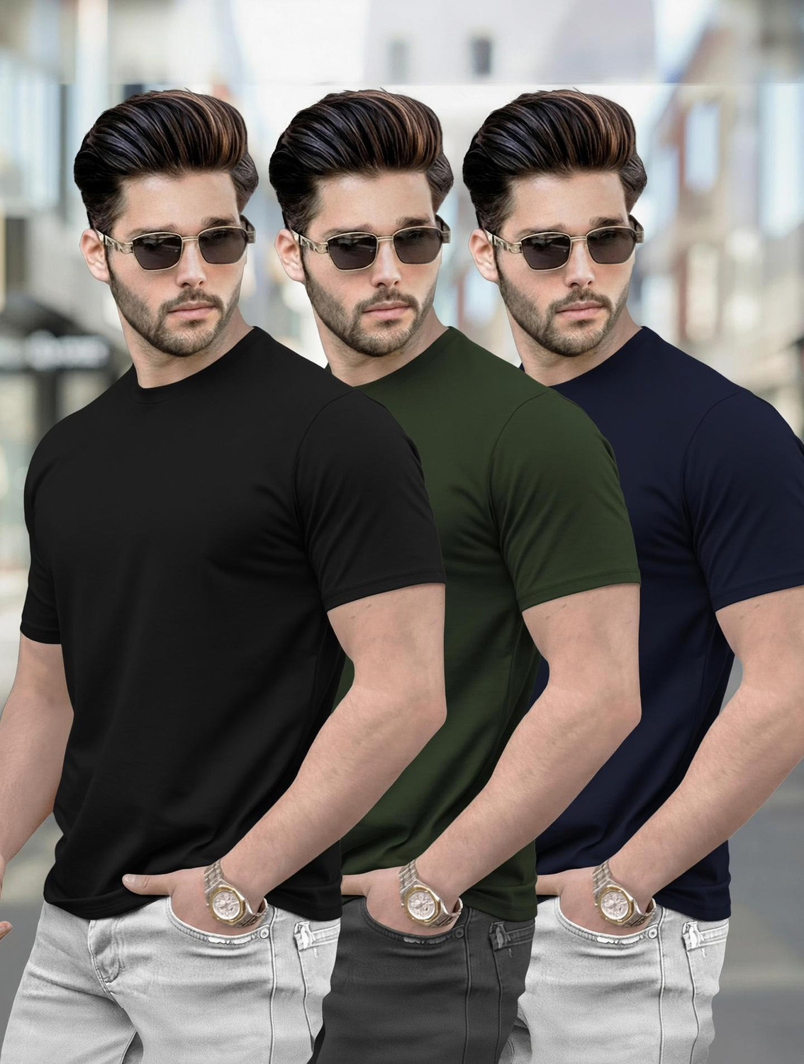 Image of TRIPR Men Solid Mandarin Collar Cotton Blend Dark Green T-Shirt