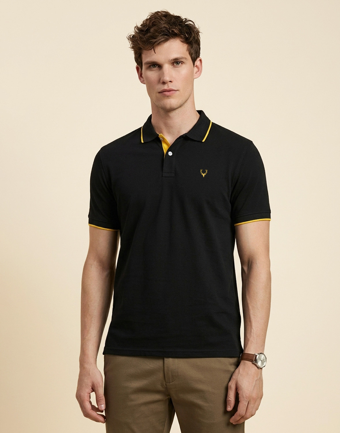 Allen Solly Men Black Cotton Blend Polo Neck T-Shirt - Image 1