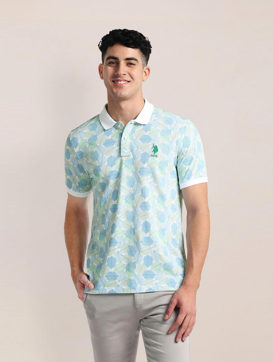 Image of U.S. POLO ASSN. Men Printed Polo Neck Cotton Blend Blue T-Shirt