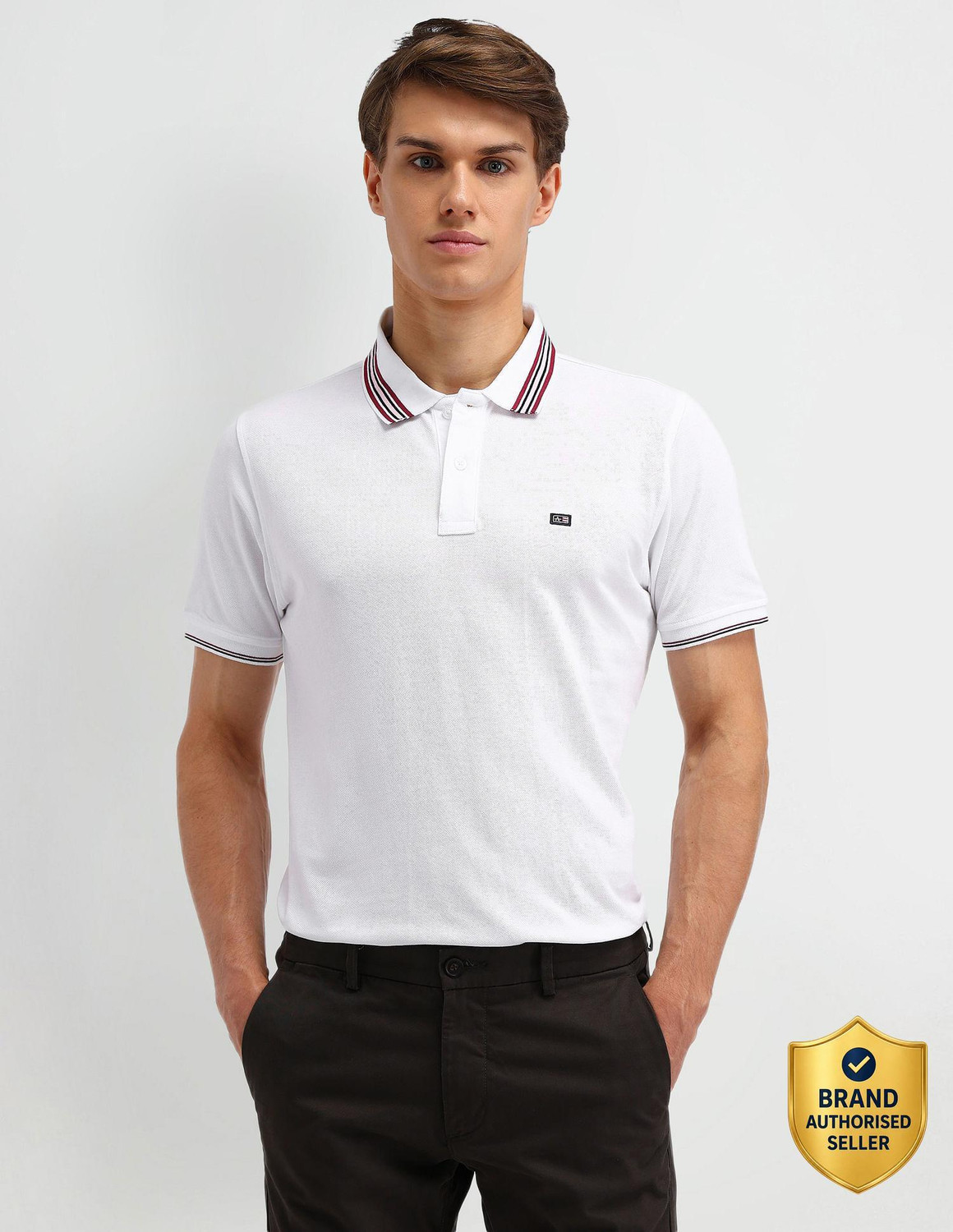 Image of VAN HEUSEN Men Solid Polo Neck Cotton Blend White T-Shirt