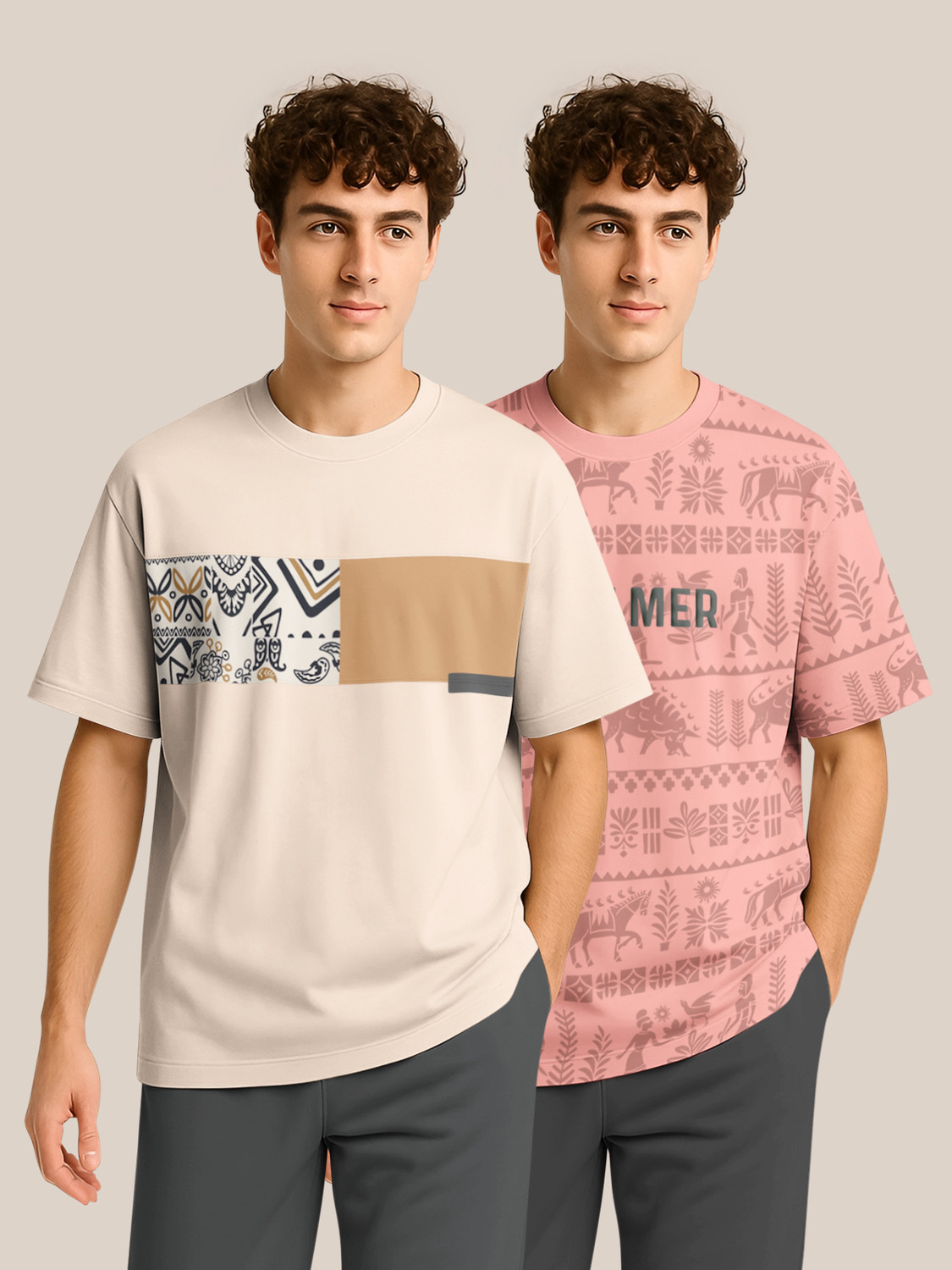 Image of Bullmer Pack of 2 Men Graphic Print Round Neck Cotton Blend Multicolor T-Shirt