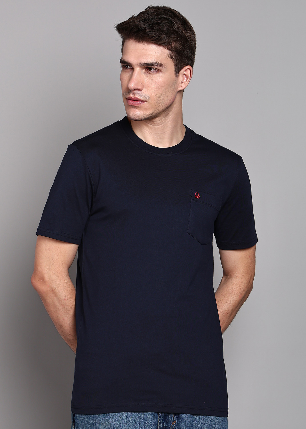 Image of United Colors of Benetton Men Solid High Neck Pure Cotton Navy Blue T-Shirt