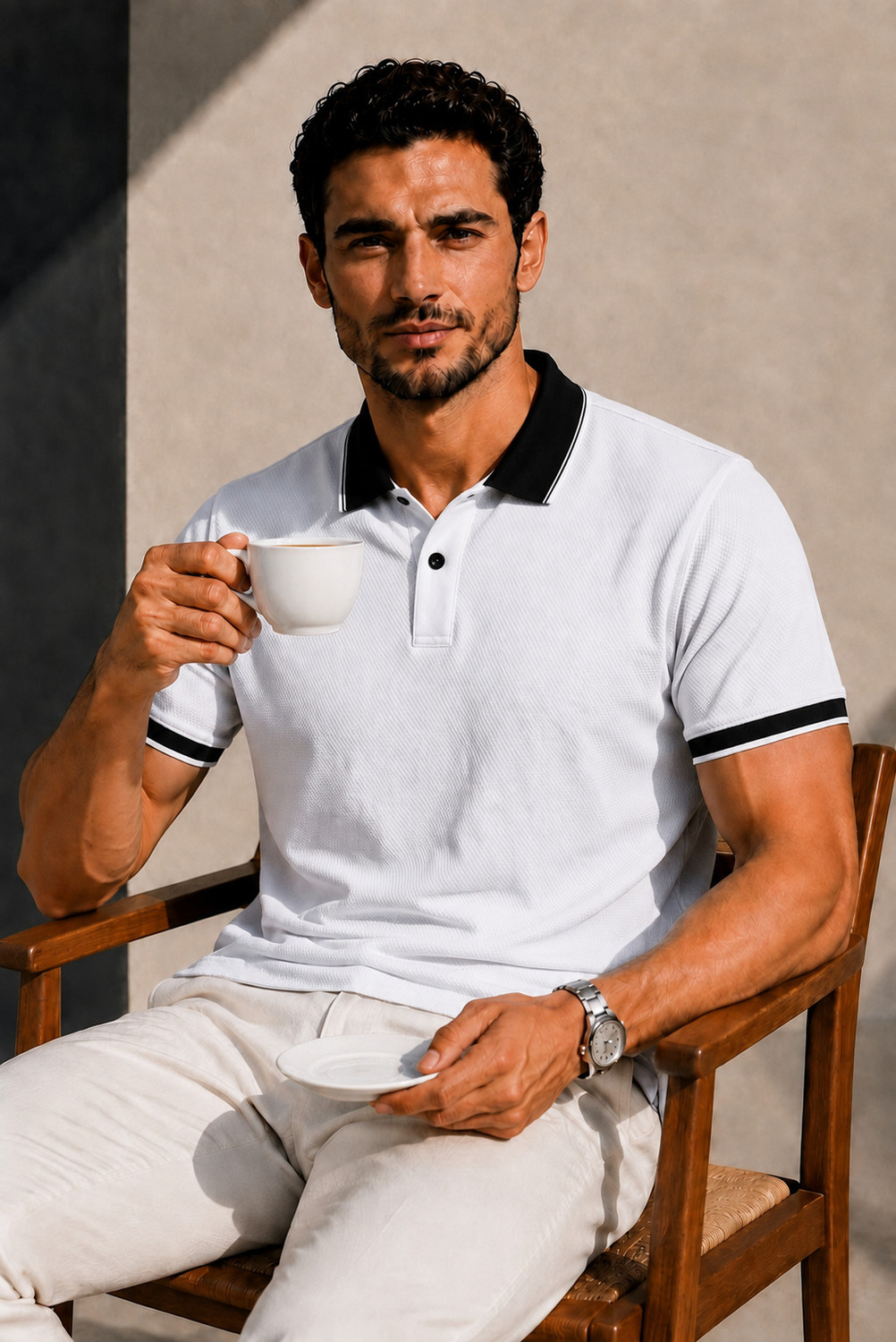 Image of TRIPR Men Solid Mandarin Collar Cotton Blend Navy Blue T-Shirt