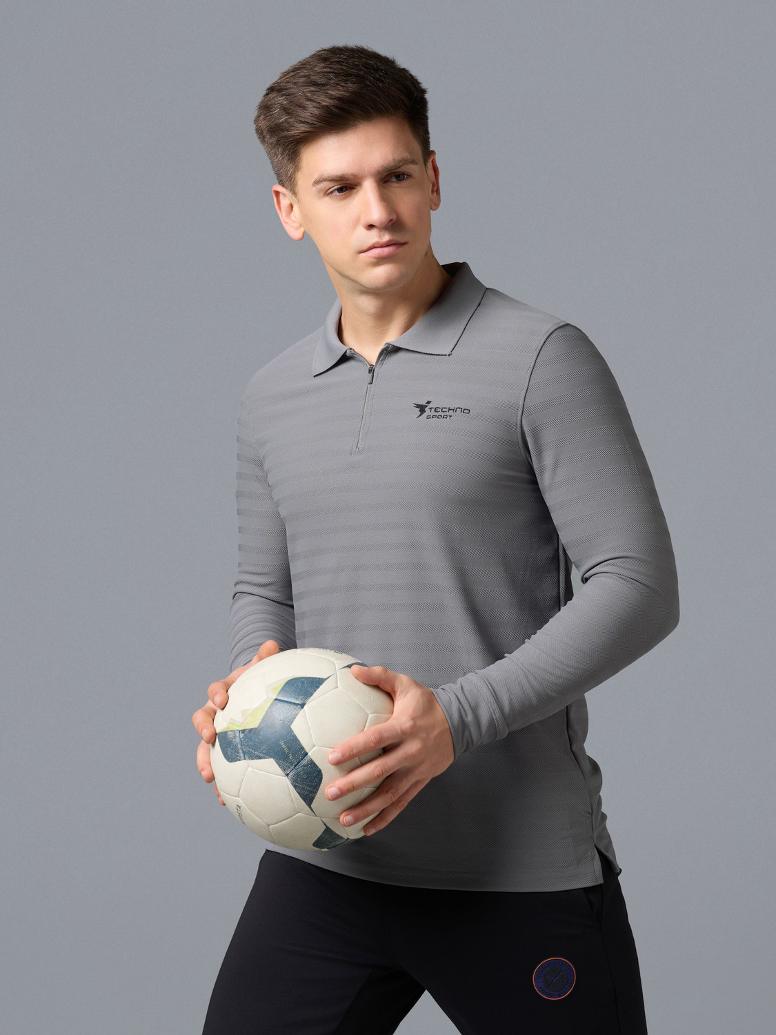 TECHNOSPORT Self Design Men Polo Neck Grey T-Shirt