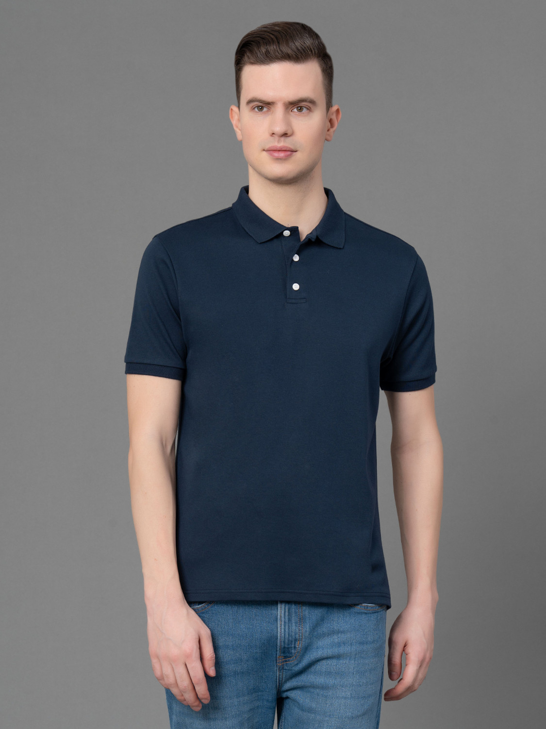 Image of RED TAPE Men Solid Polo Neck Pure Cotton Blue T-Shirt