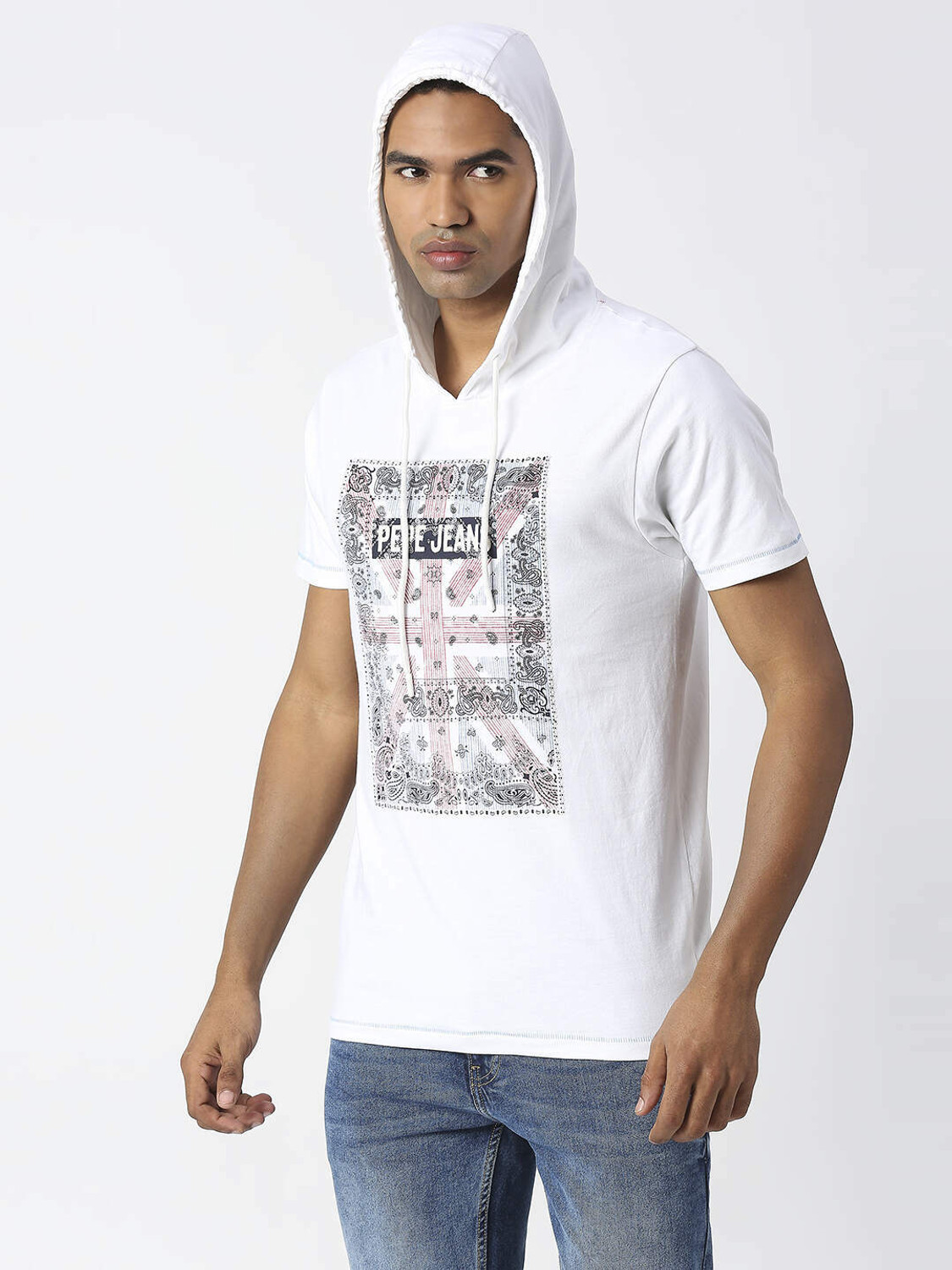 Image of Pepe Jeans Men Printed Hooded Neck Pure Cotton White T-Shirt