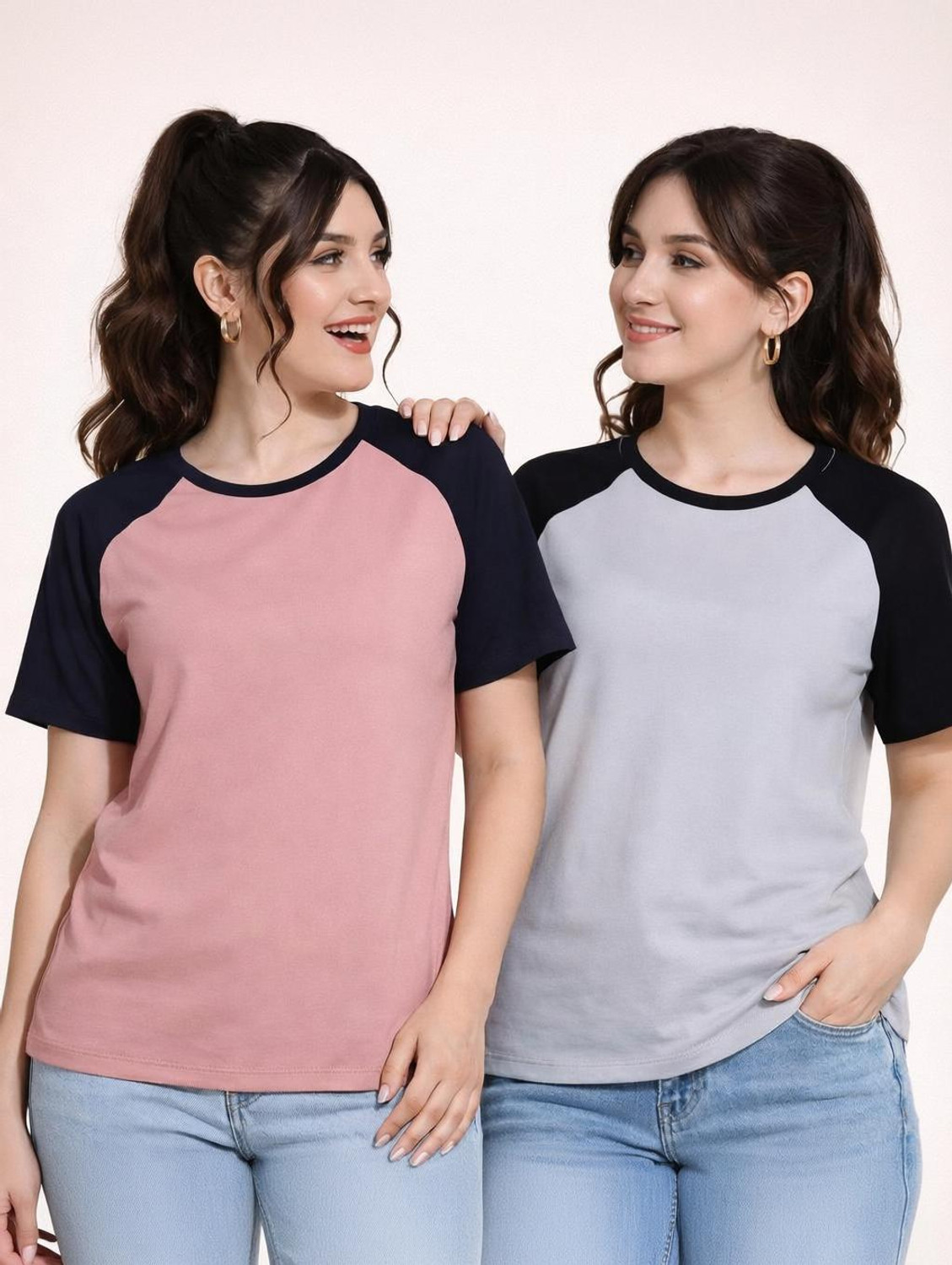Image of ZentWorld Pack of 3 Women Printed Round Neck Cotton Blend Multicolor T-Shirt