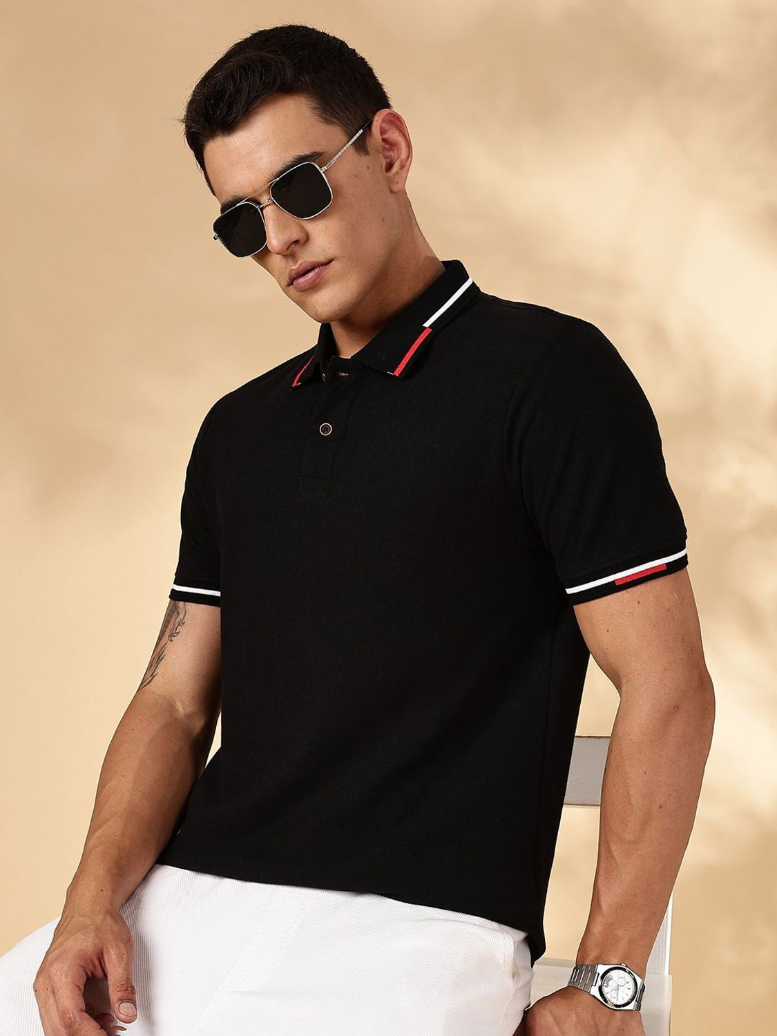 Image of Mast & Harbour Men Solid Polo Neck Pure Cotton Black T-Shirt