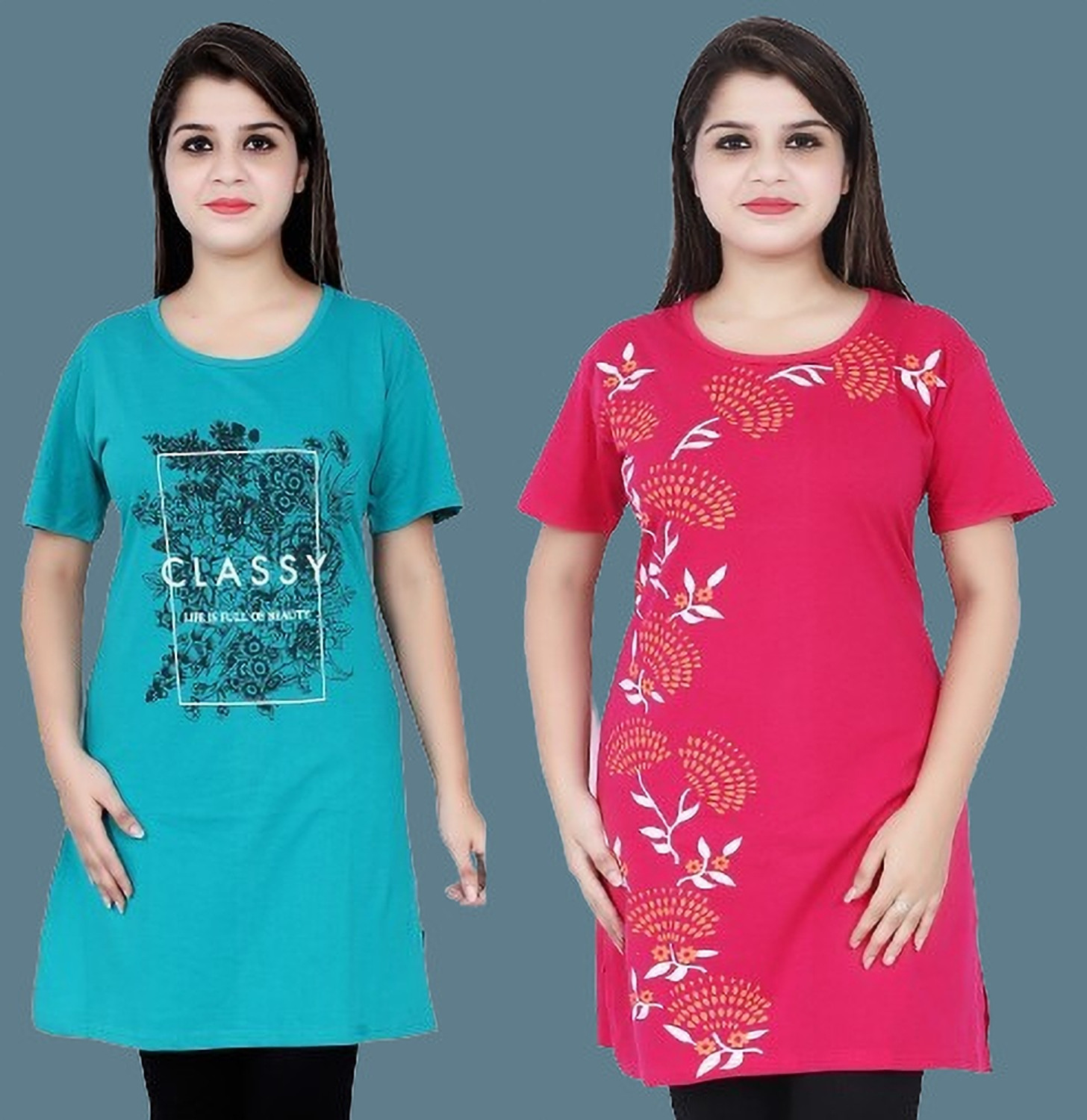 Image of URBE-URBAN EVOLUTION Pack of 2 Women Printed Round Neck Cotton Blend Green T-Shirt