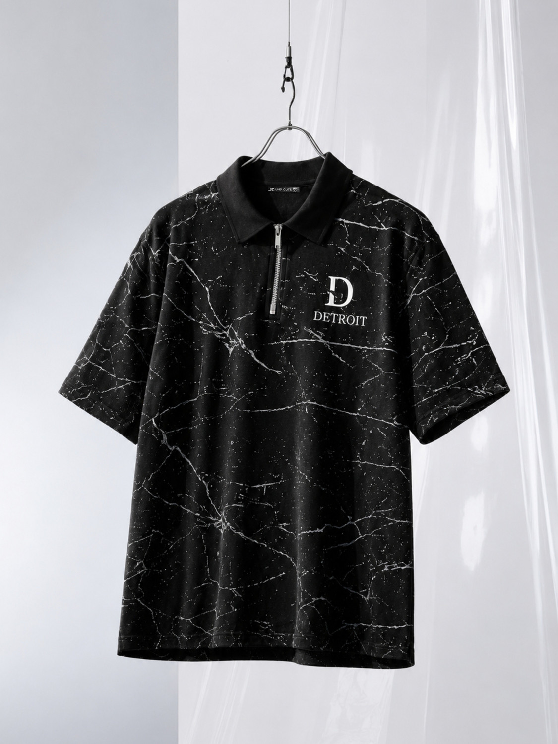 Jump Cuts Men Black Zip Neck Cotton T-Shirt - Image 1
