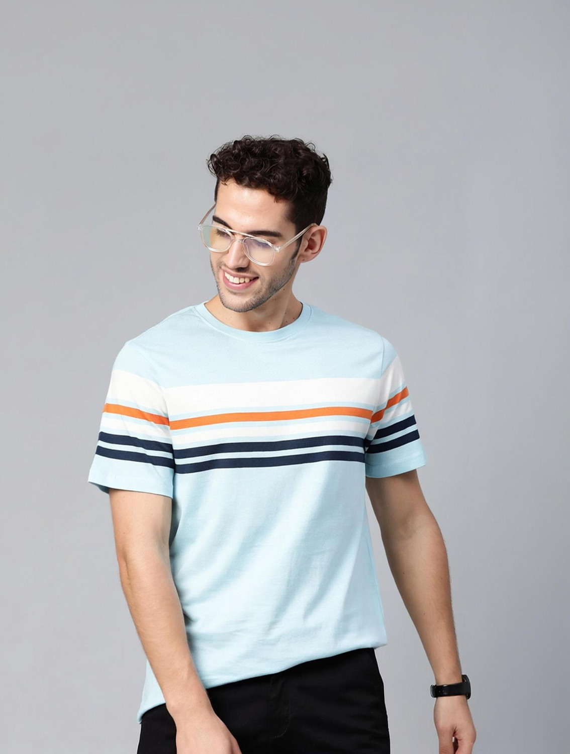Mast & Harbour Striped Men Round Neck Blue T-Shirt - Image 1