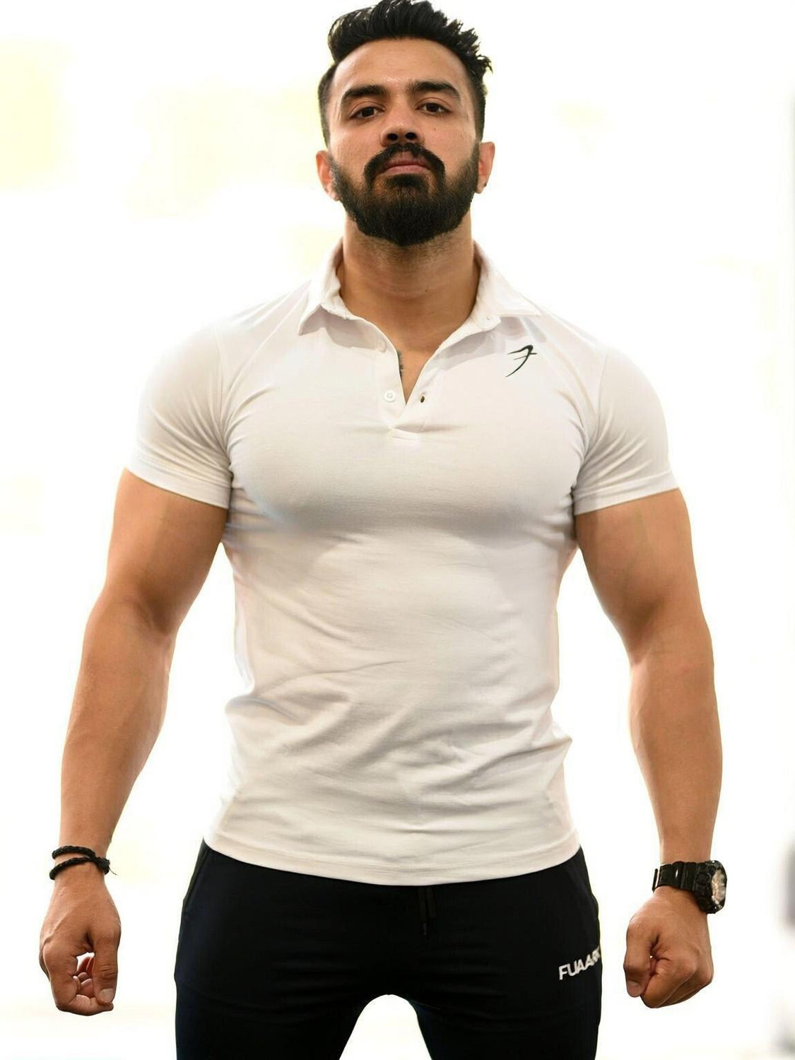 FuaarK Men White Cotton Blend Polo Neck T-Shirt - Image 1